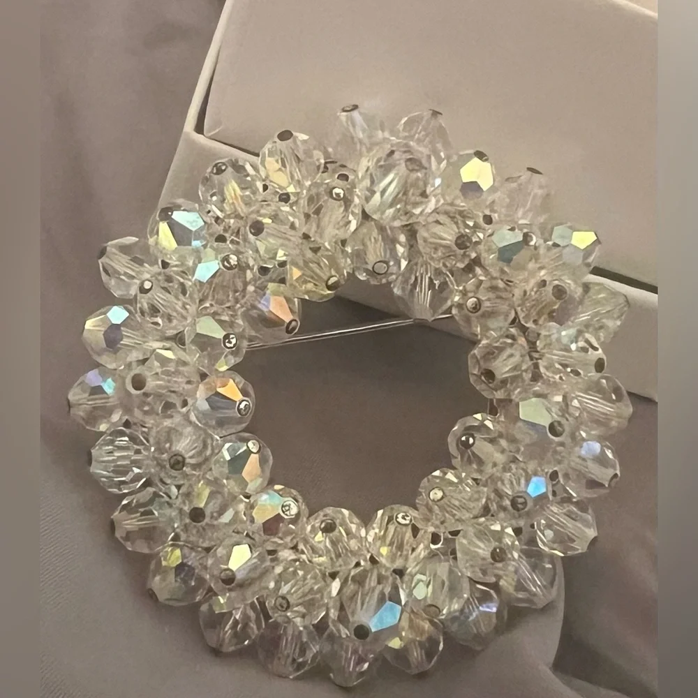 Vintage Clear Round Aura Borealis Crystal Silver Brooch